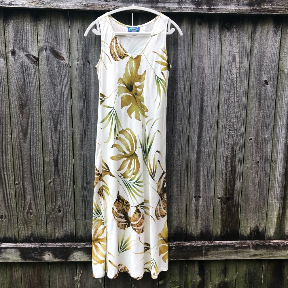 Hawaiian Moon Y2K Vintage Midi Dress Size S Herringbone Rayon Tropical Resort